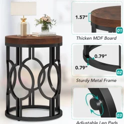 Round End Table, Industrial Side Table with Metal Hollow Frame