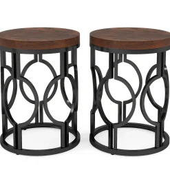 Round End Table, Industrial Side Table with Metal Hollow Frame