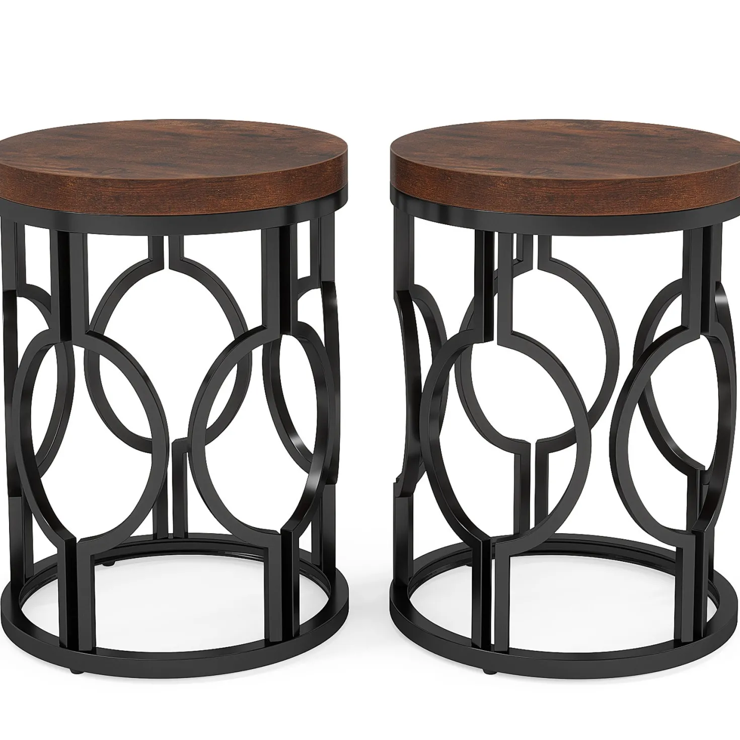 Round End Table, Industrial Side Table with Metal Hollow Frame