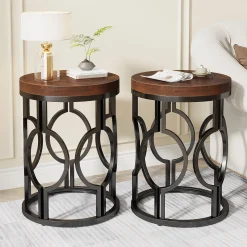 Round End Table, Industrial Side Table with Metal Hollow Frame