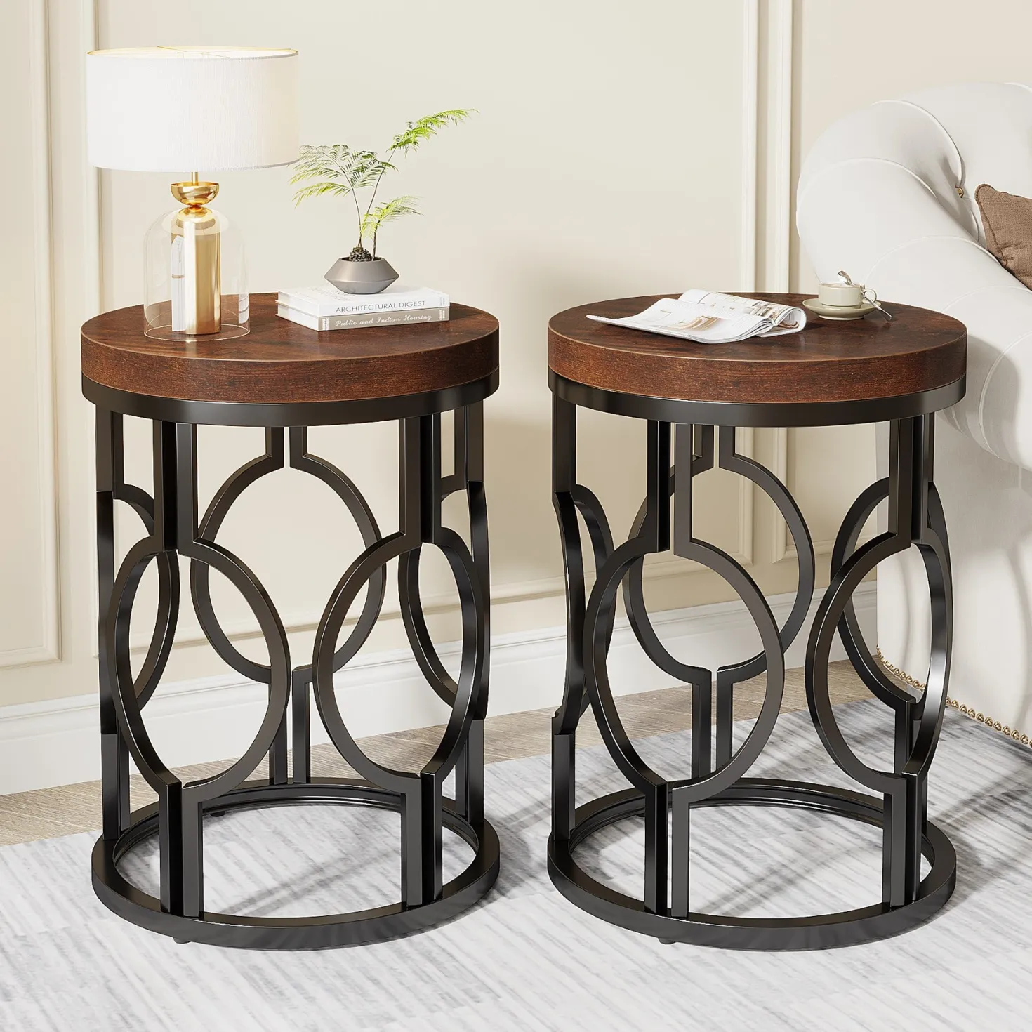 Round End Table, Industrial Side Table with Metal Hollow Frame