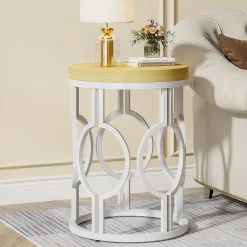 Round End Table, Industrial Side Table with Metal Hollow Frame