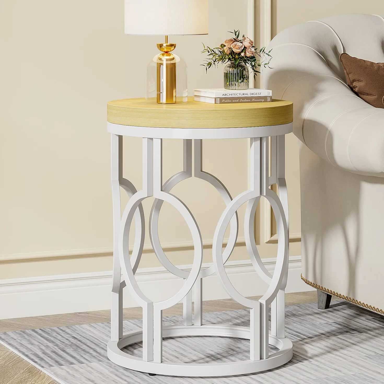 Round End Table, Industrial Side Table with Metal Hollow Frame