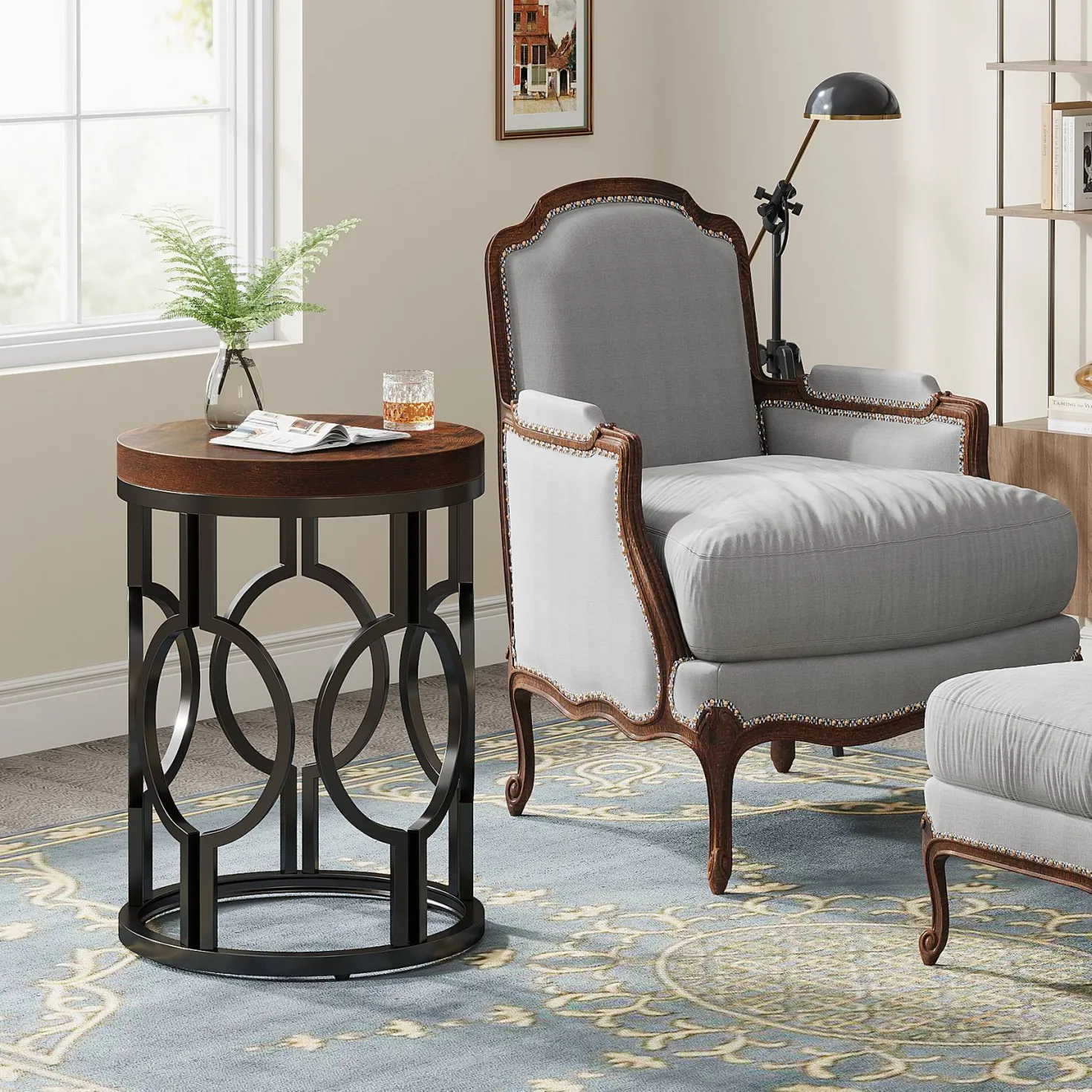 Round End Table, Industrial Side Table with Metal Hollow Frame