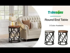 Round End Table, Industrial Side Table with Metal Hollow Frame