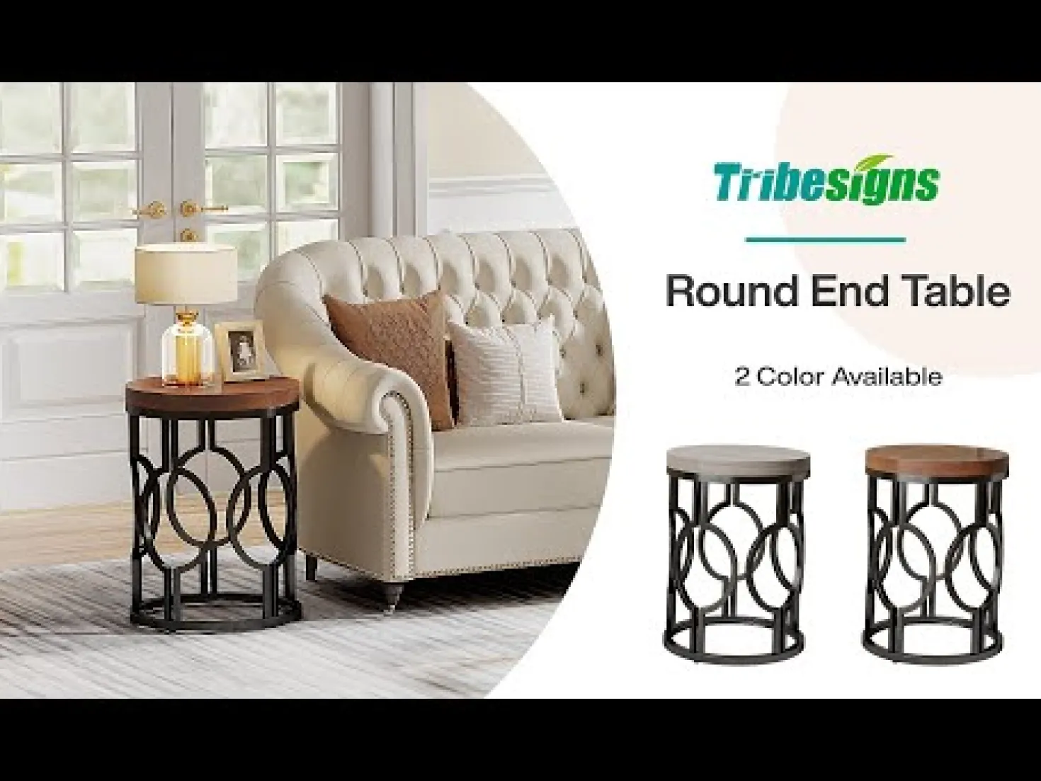 Round End Table, Industrial Side Table with Metal Hollow Frame