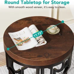 Round End Table, Industrial Side Table with Metal Hollow Frame