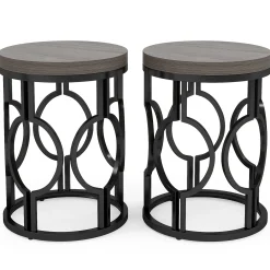 Round End Table, Industrial Side Table with Metal Hollow Frame
