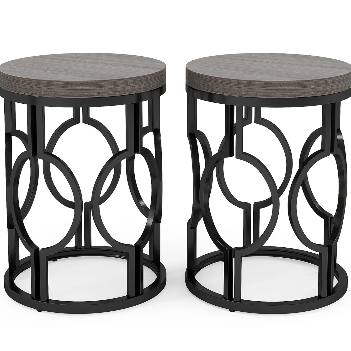 Round End Table, Industrial Side Table with Metal Hollow Frame