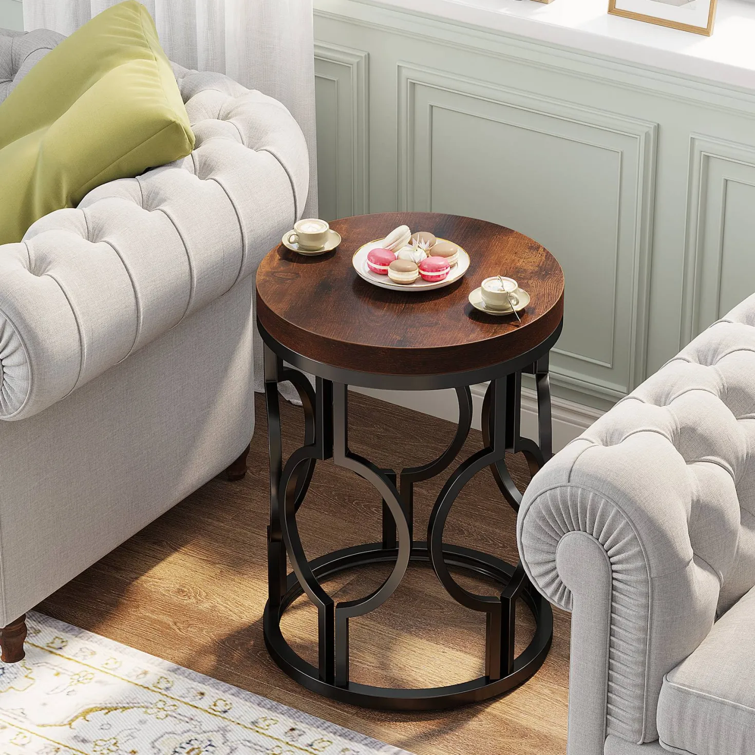Round End Table, Industrial Side Table with Metal Hollow Frame