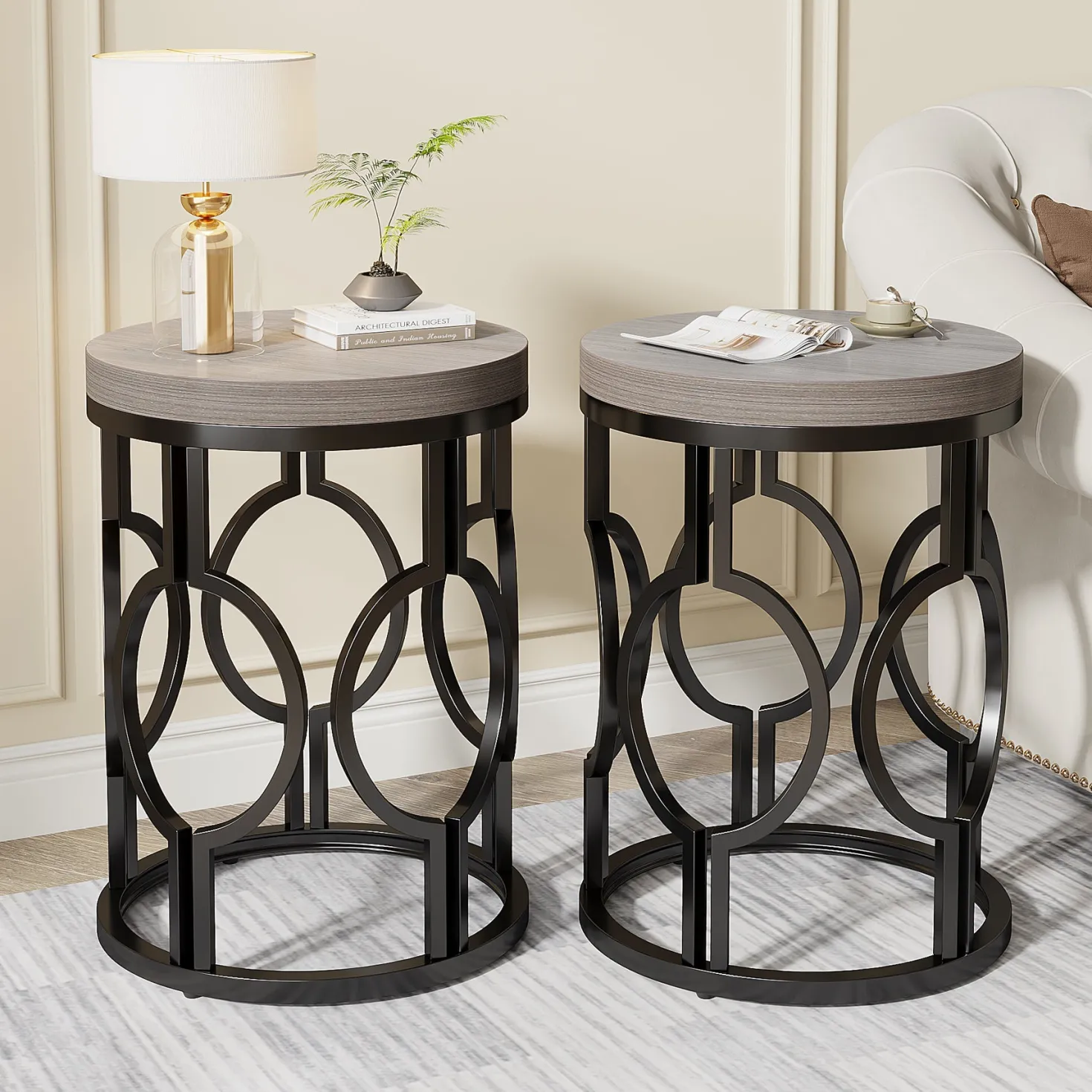 Round End Table, Industrial Side Table with Metal Hollow Frame