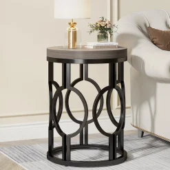 Round End Table, Industrial Side Table with Metal Hollow Frame