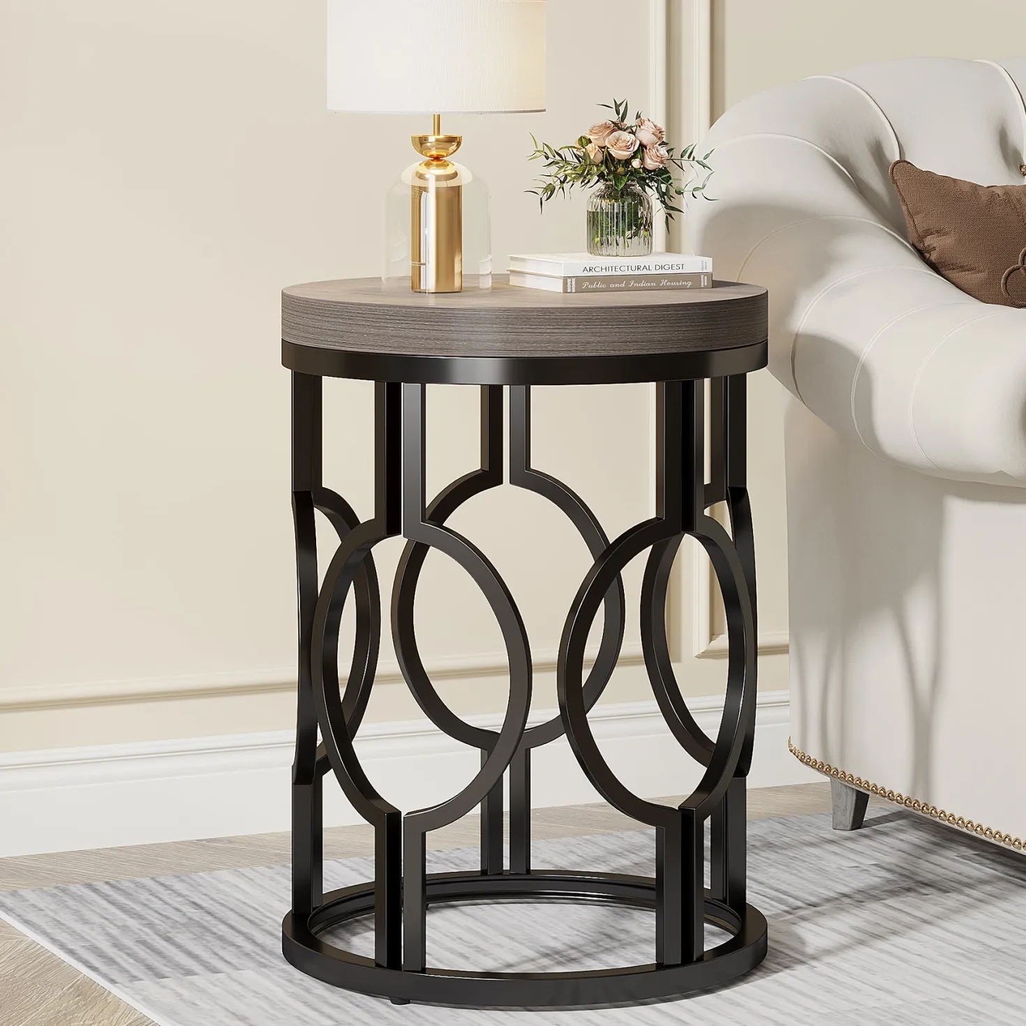 Round End Table, Industrial Side Table with Metal Hollow Frame