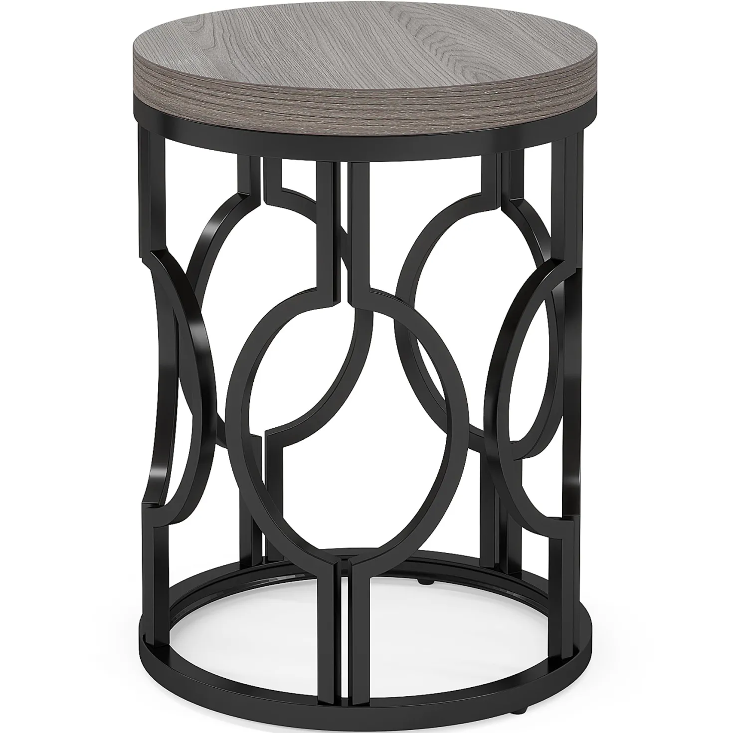 Round End Table, Industrial Side Table with Metal Hollow Frame