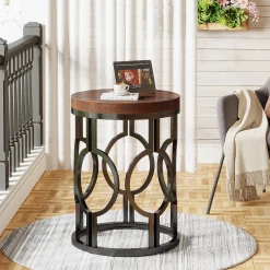Round End Table, Industrial Side Table with Metal Hollow Frame