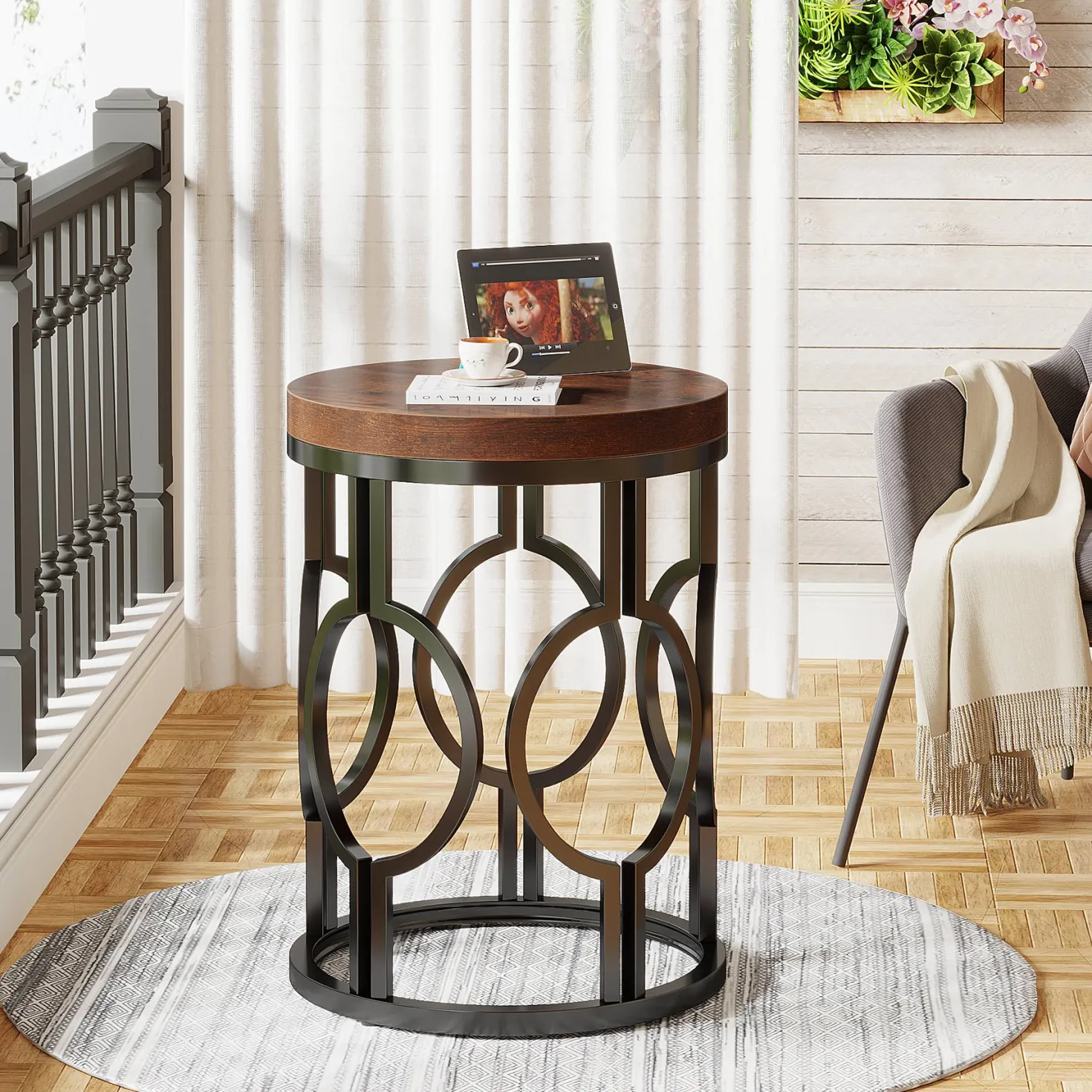 Round End Table, Industrial Side Table with Metal Hollow Frame