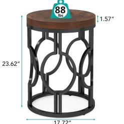 Round End Table, Industrial Side Table with Metal Hollow Frame