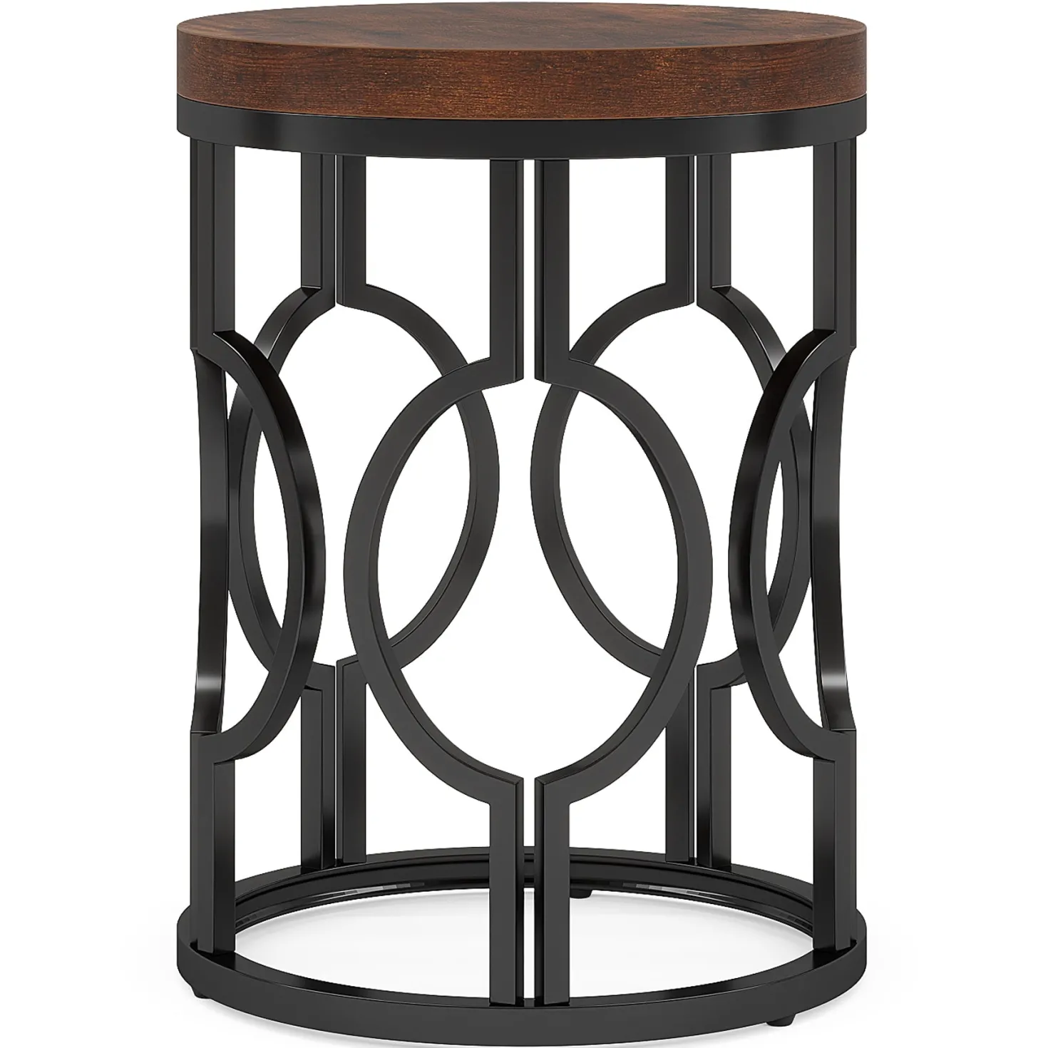 Round End Table, Industrial Side Table with Metal Hollow Frame