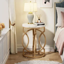 Round End Table, Modern Bedside Table with Faux Marble Top