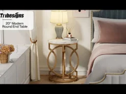 Round End Table, Modern Bedside Table with Faux Marble Top