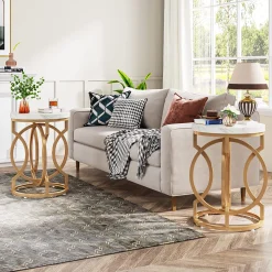 Round End Table, Modern Bedside Table with Faux Marble Top