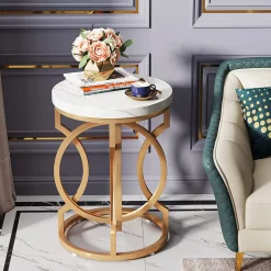Round End Table, Modern Bedside Table with Faux Marble Top