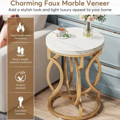 Round End Table, Modern Bedside Table with Faux Marble Top