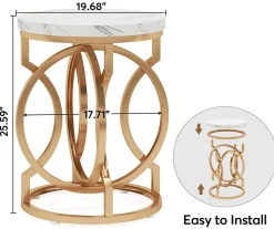 Round End Table, Modern Bedside Table with Faux Marble Top