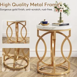 Round End Table, Modern Bedside Table with Faux Marble Top