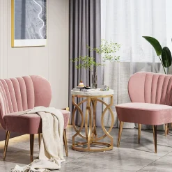 Round End Table, Modern Bedside Table with Faux Marble Top