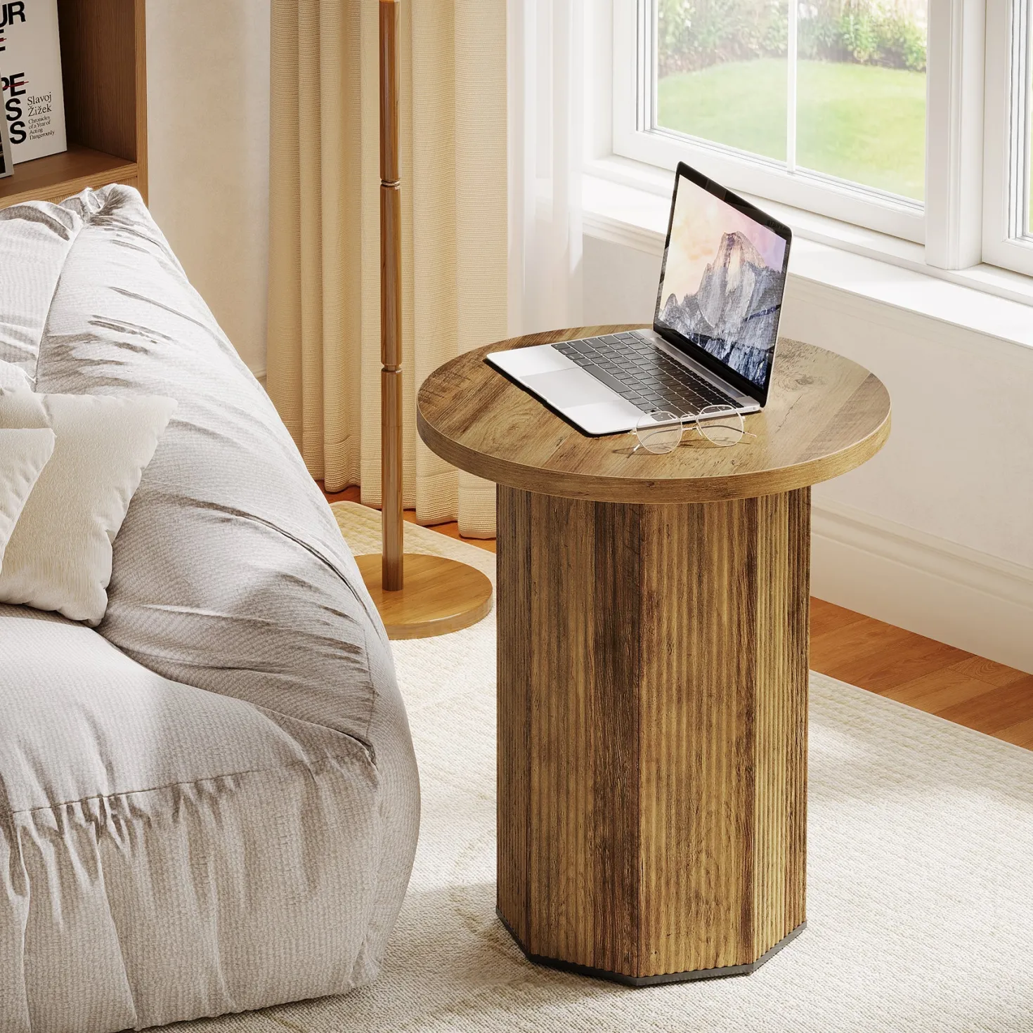 Round End Table, Narrow Side Table Nightstand with Stable Pedestal