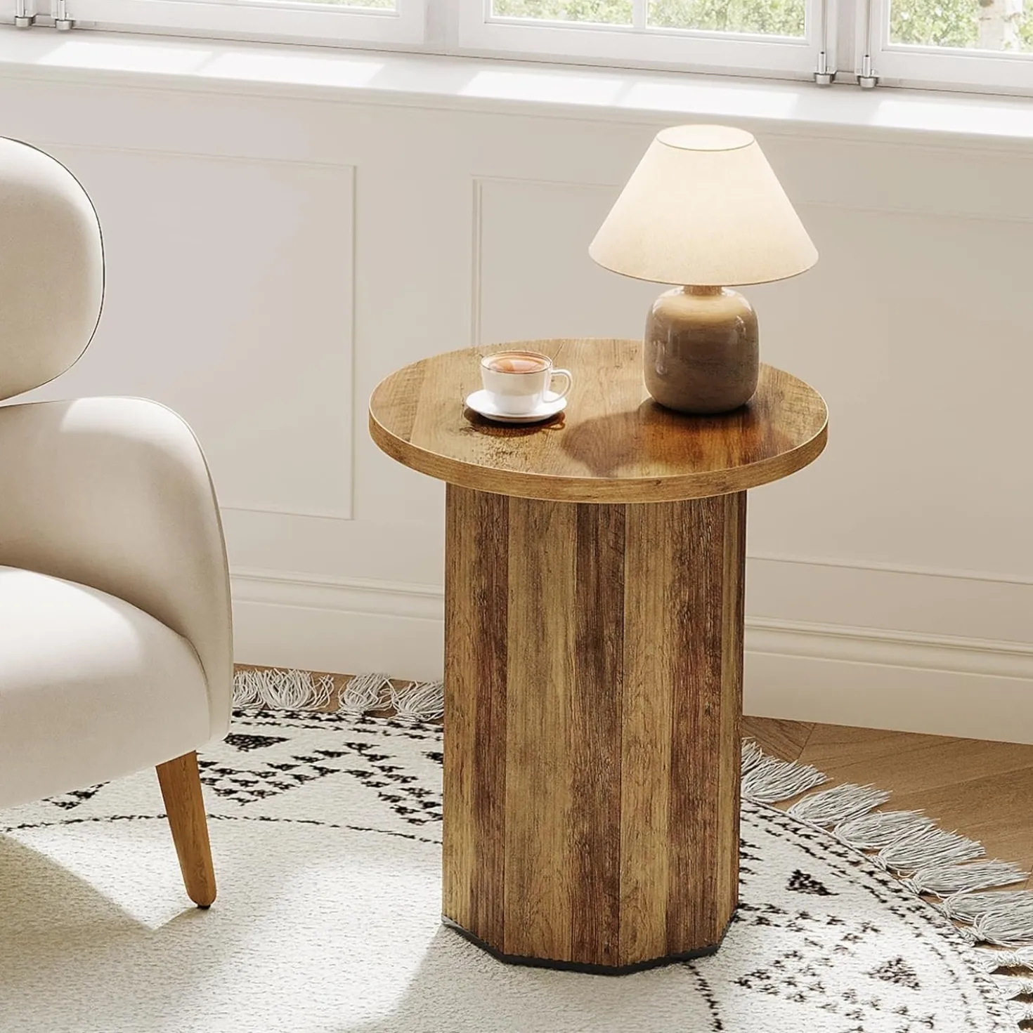 Round End Table, Narrow Side Table Nightstand with Stable Pedestal