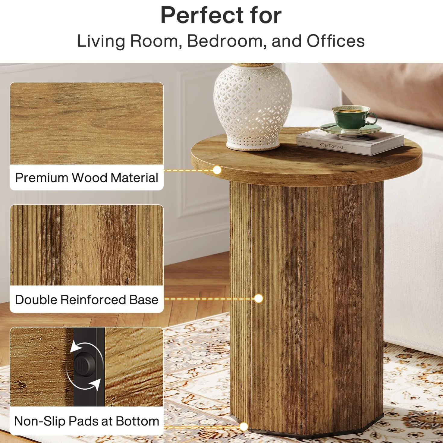 Round End Table, Narrow Side Table Nightstand with Stable Pedestal