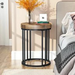 Round End Table, Small Accent Side Table with Metal Frame
