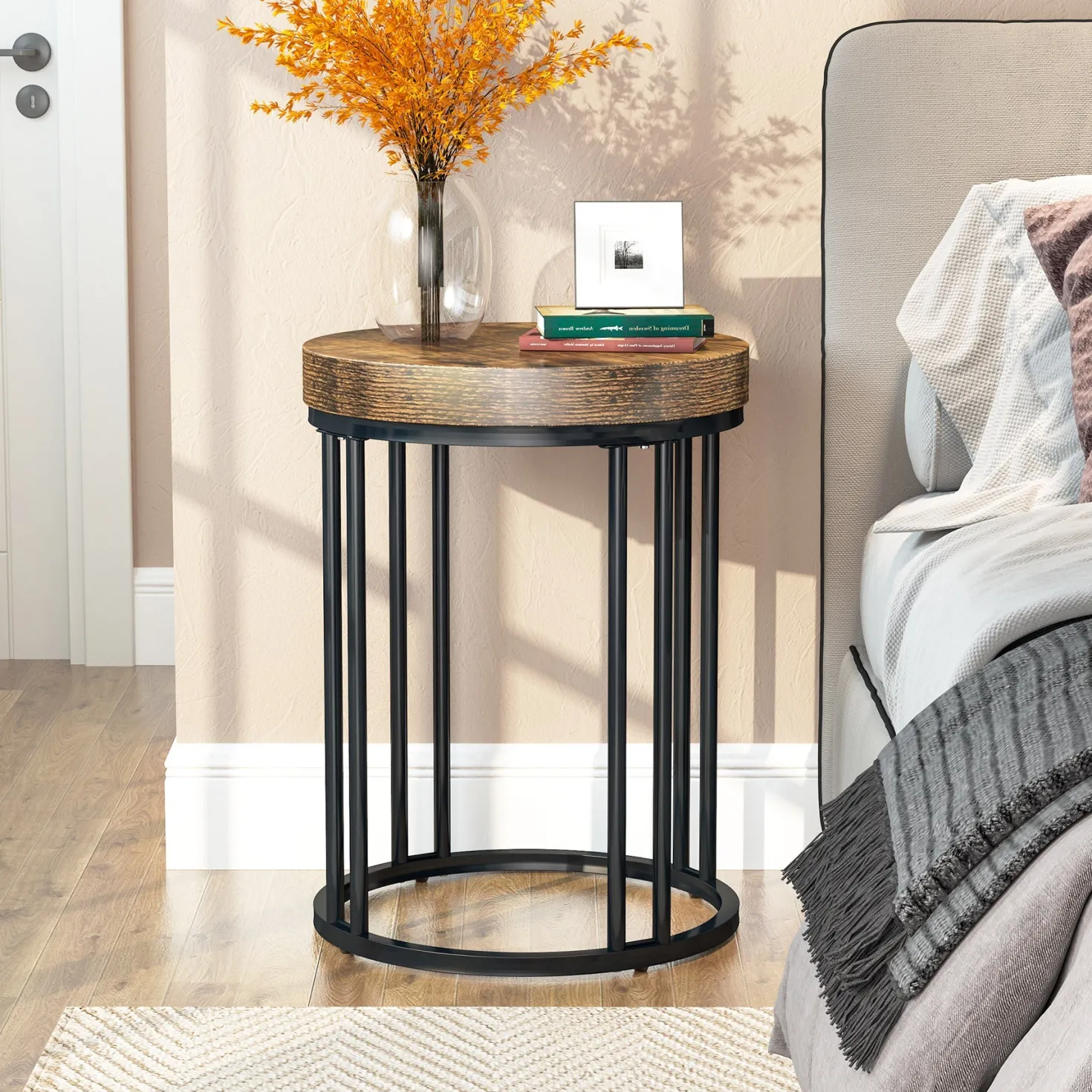 Round End Table, Small Accent Side Table with Metal Frame