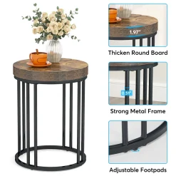 Round End Table, Small Accent Side Table with Metal Frame