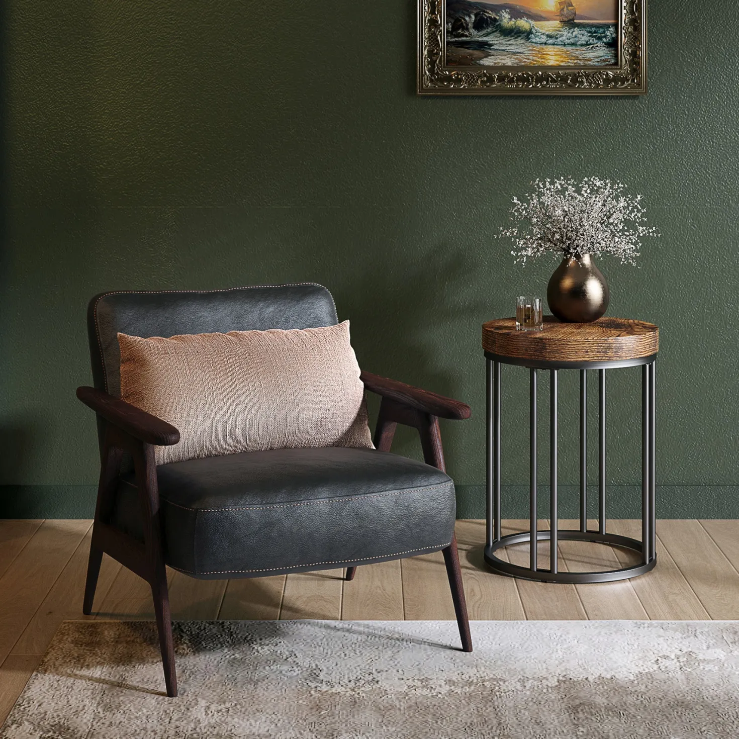 Round End Table, Small Accent Side Table with Metal Frame