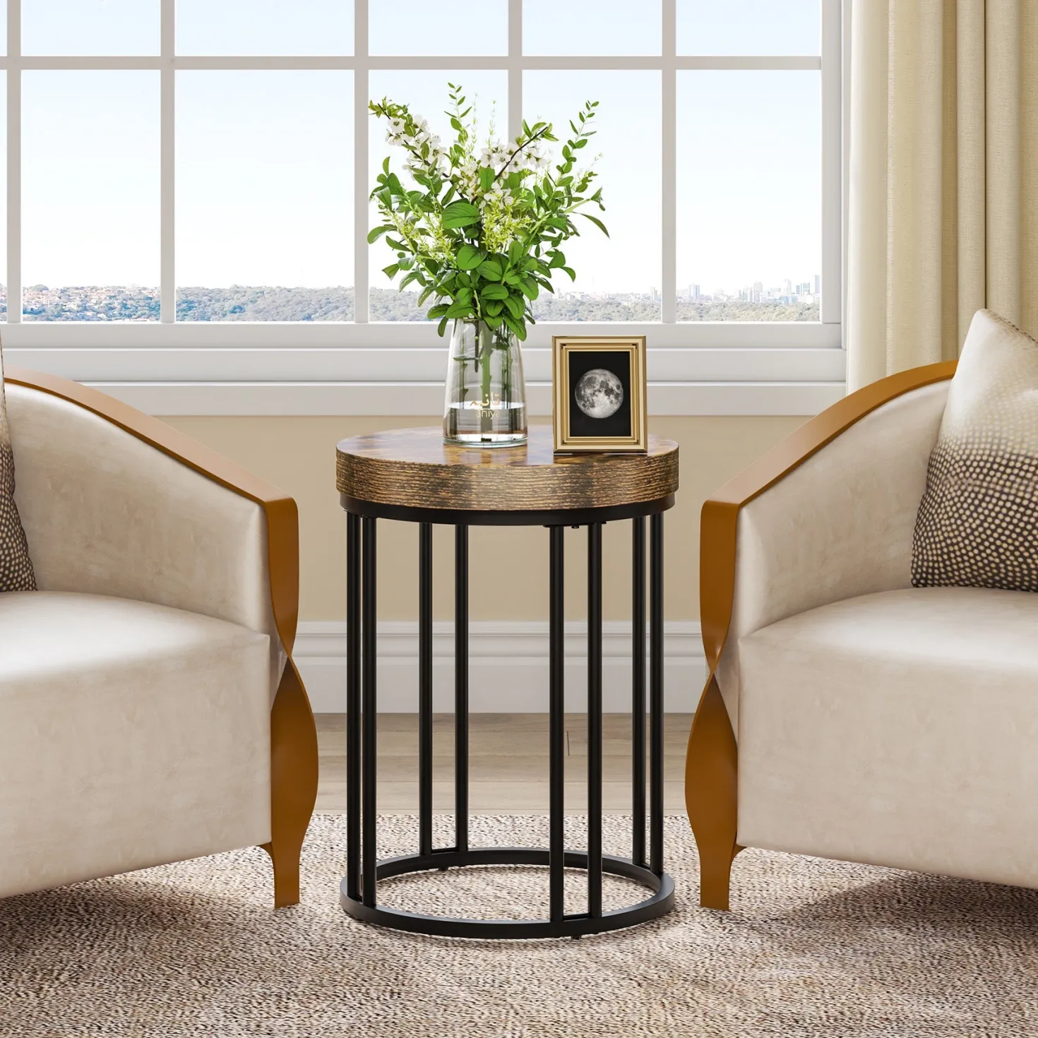 Round End Table, Small Accent Side Table with Metal Frame