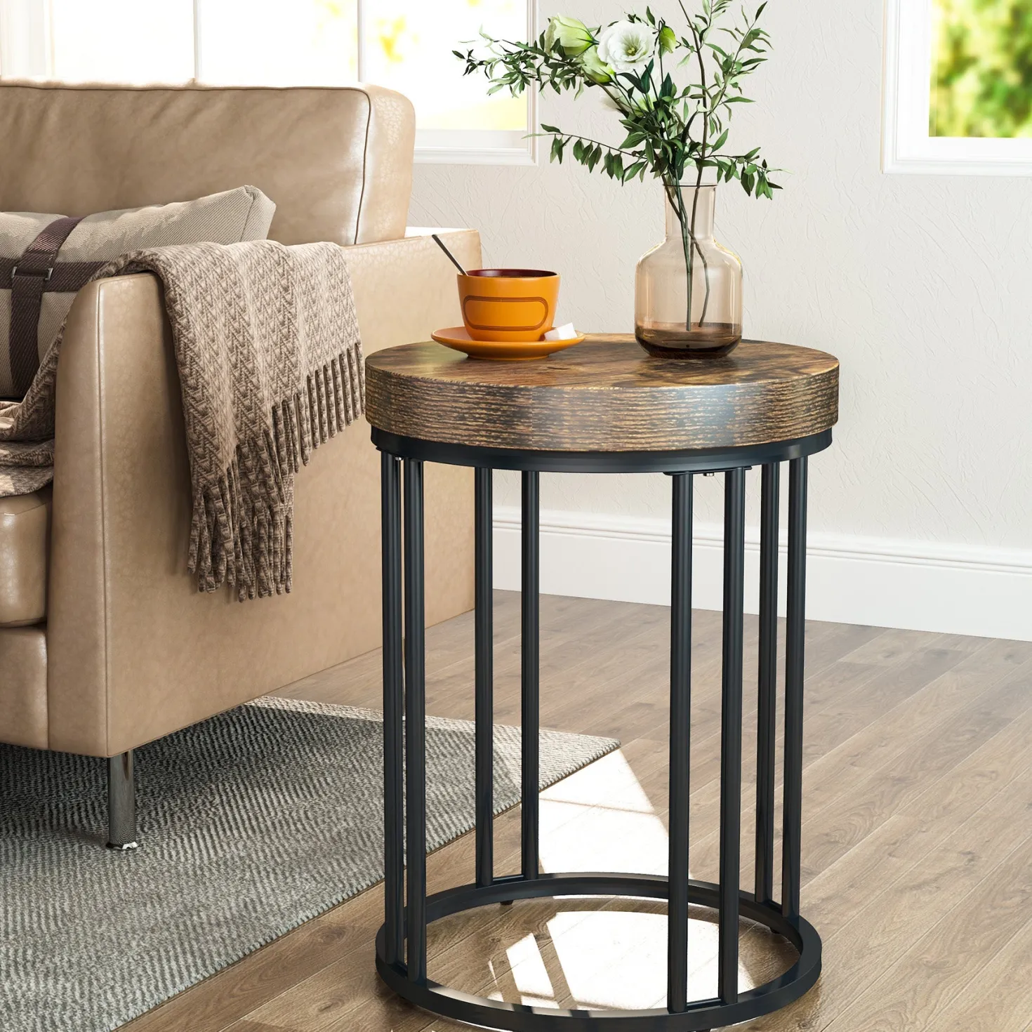 Round End Table, Small Accent Side Table with Metal Frame