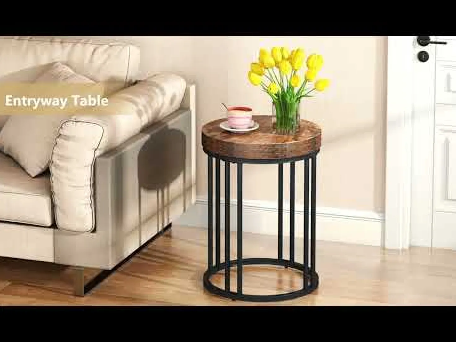 Round End Table, Small Accent Side Table with Metal Frame