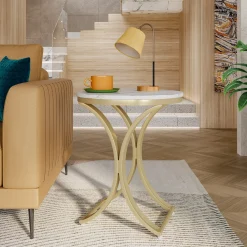 Round End Table Sofa Side Table Small Coffee Table with Metal Frame