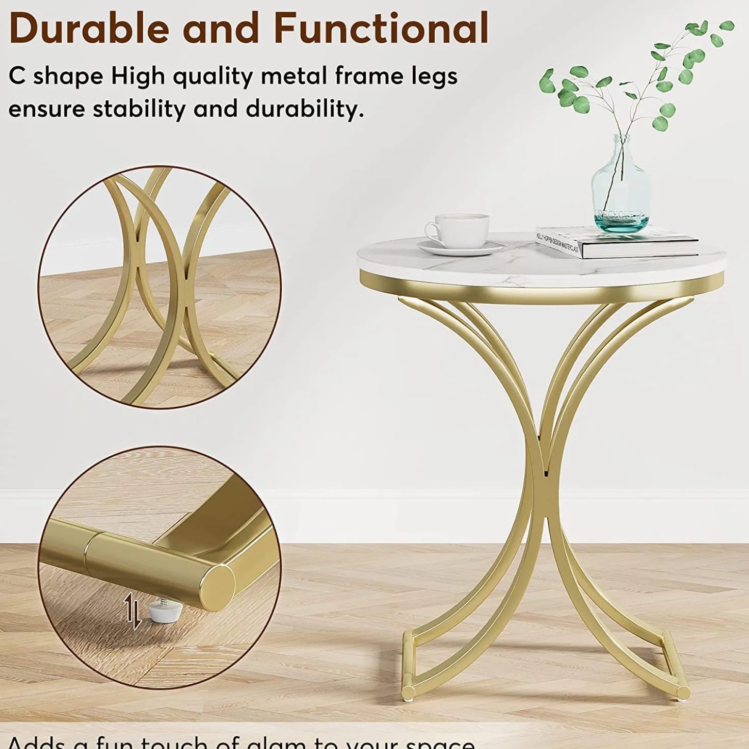 Round End Table Sofa Side Table Small Coffee Table with Metal Frame