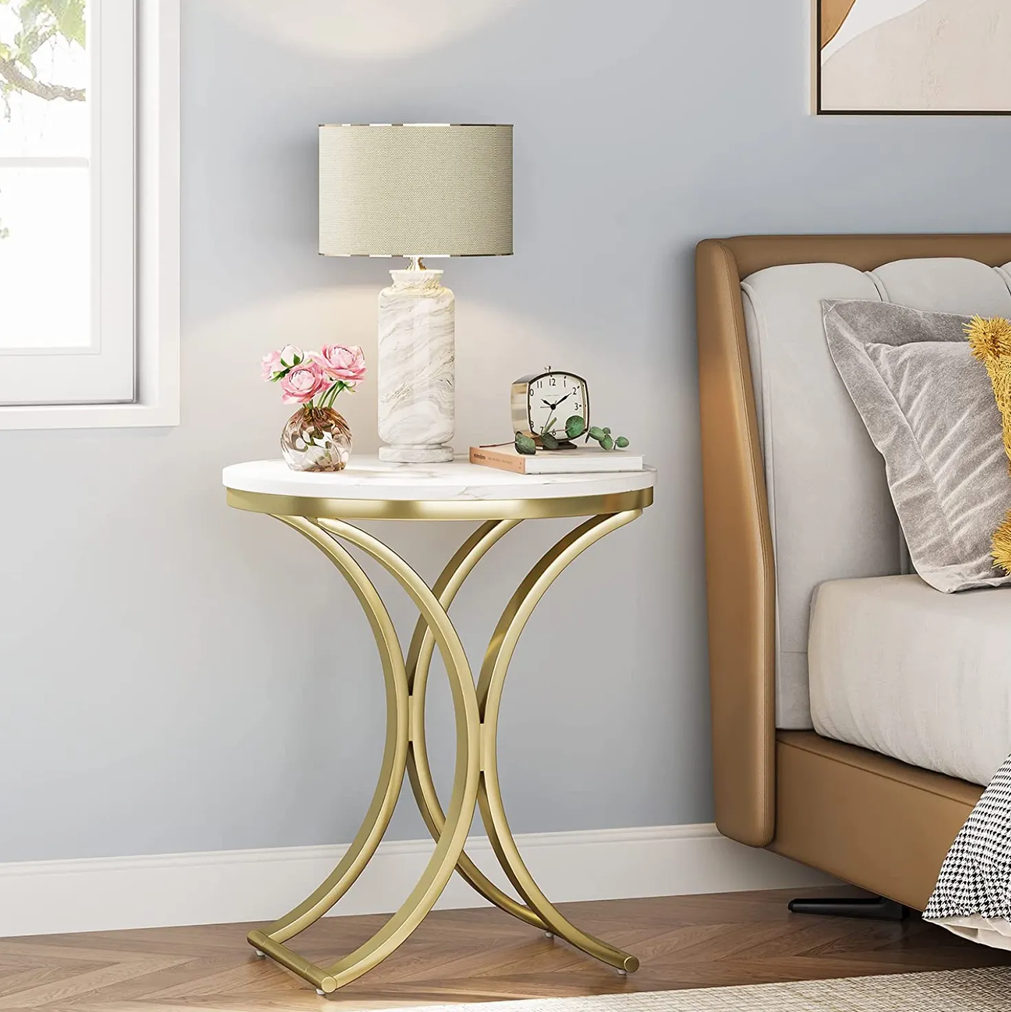 Round End Table Sofa Side Table Small Coffee Table with Metal Frame