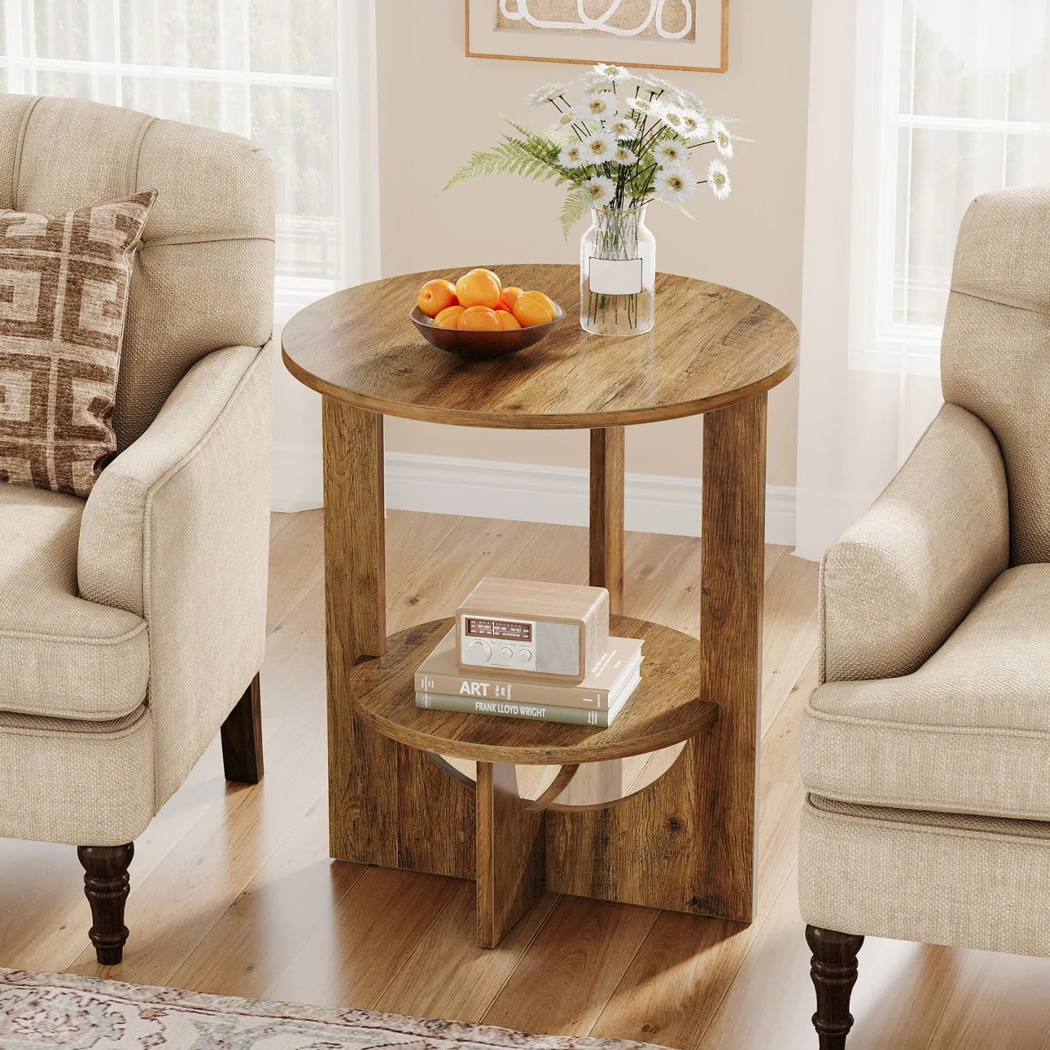 Round End Table, 2-Tier Side Table Nightstand with Storage