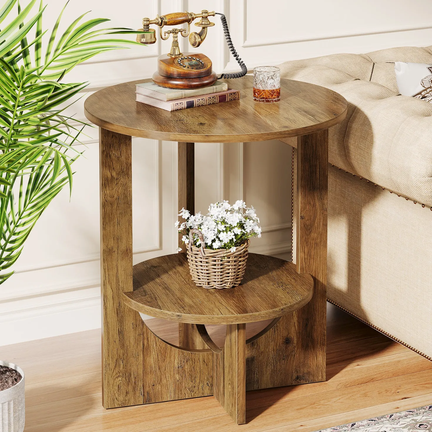 Round End Table, 2-Tier Side Table Nightstand with Storage