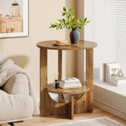 Round End Table, 2-Tier Side Table Nightstand with Storage