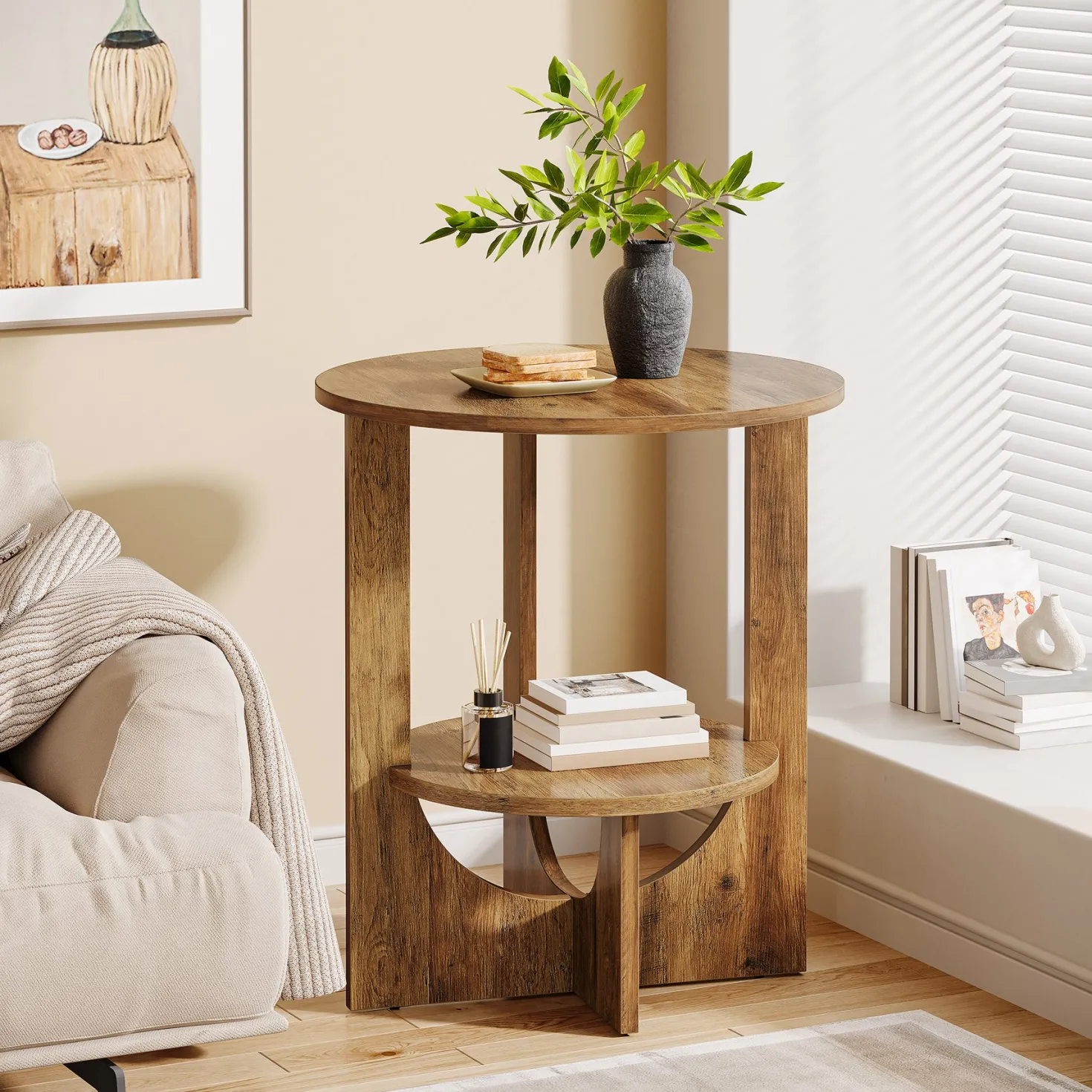 Round End Table, 2-Tier Side Table Nightstand with Storage