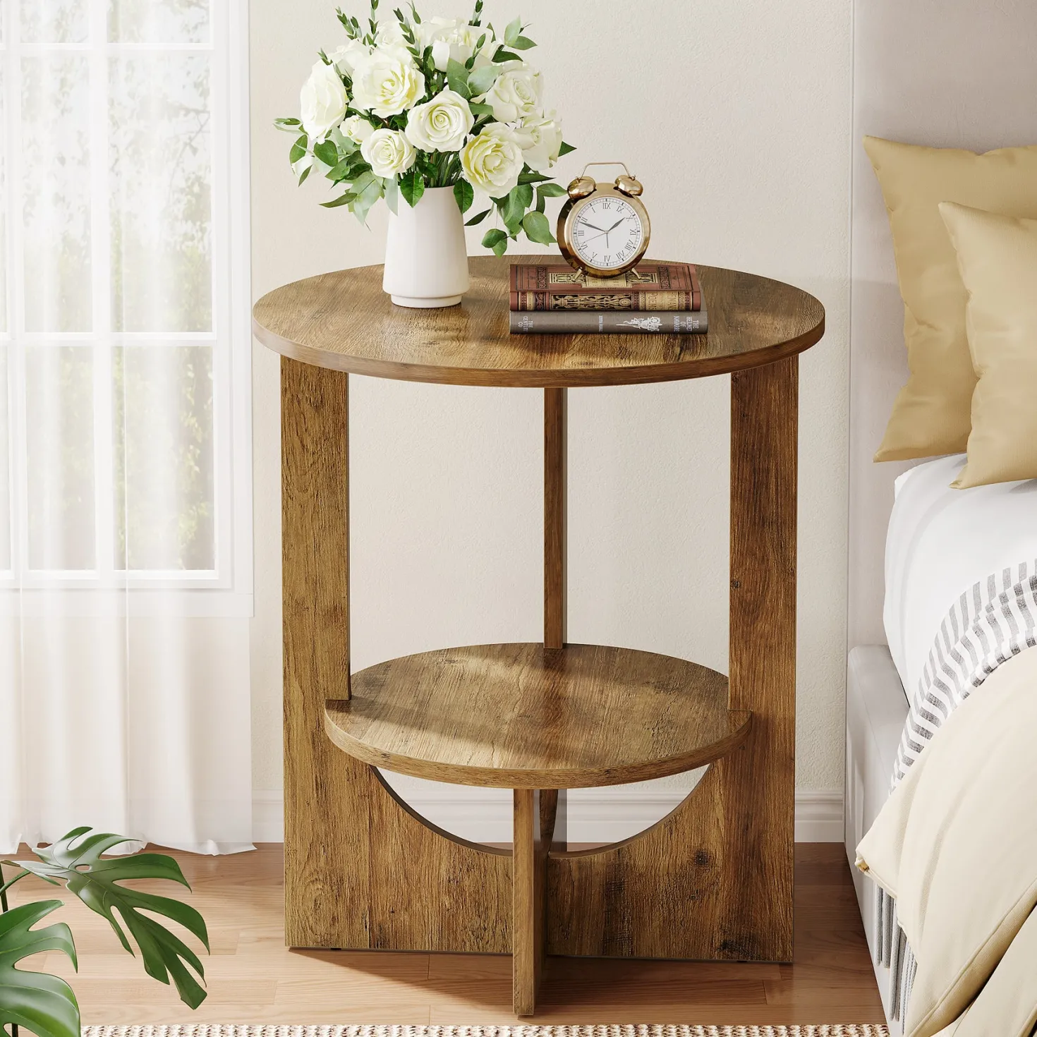 Round End Table, 2-Tier Side Table Nightstand with Storage