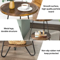 Round End Table, 2-Tier Side Table Accent Table with Metal Legs