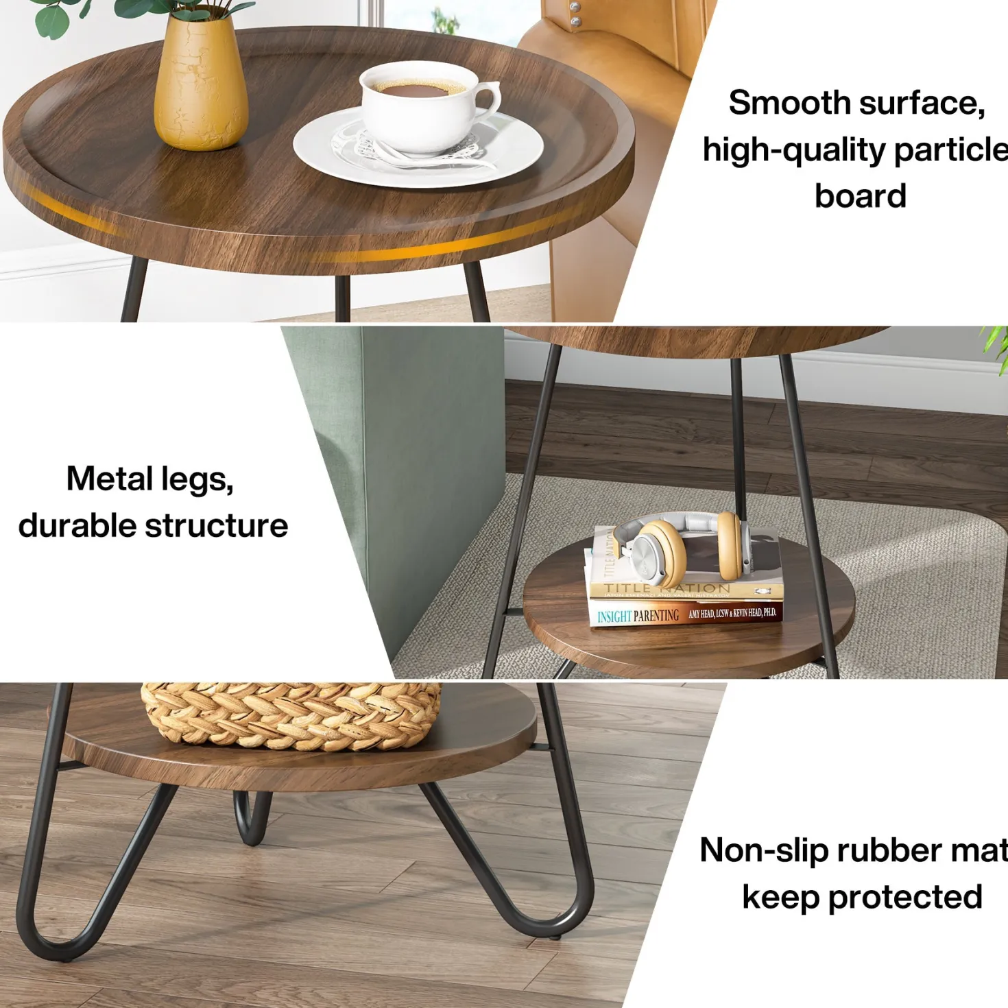 Round End Table, 2-Tier Side Table Accent Table with Metal Legs